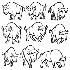 Bison animal poses outline style collection