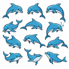 Blue dolphins in various poses, playful marine animals