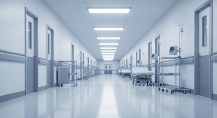 Long Hospital Corridor with Doors and Medical Equipment