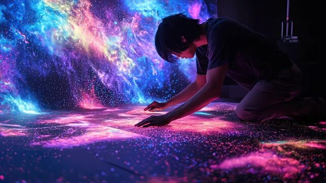 Person interacts with vibrant, colorful, projected nebula floor art