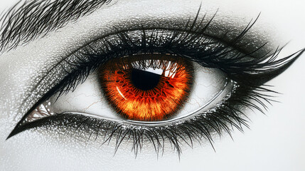 Close-up of a striking eye with fiery orange iris and detailed eyelashes