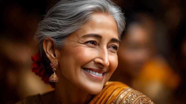 Mature Indian woman with gray hair wearing golden earrings and yellow sari, smiling softly while gazing sideways, embodying elegant aging - Powered by Adobe