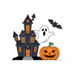 Spooky haunted house with ghost, bat and carved pumpkin illustration on white