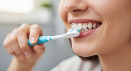 Professional dental care concept with close up of woman brushing teeth focus on brush and teeth with soft blur on background and hand