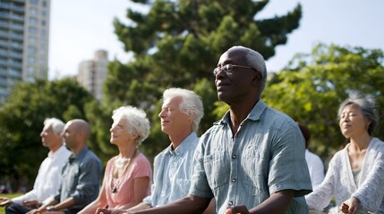 Calm outdoor meditation session in a city park with diverse older adults