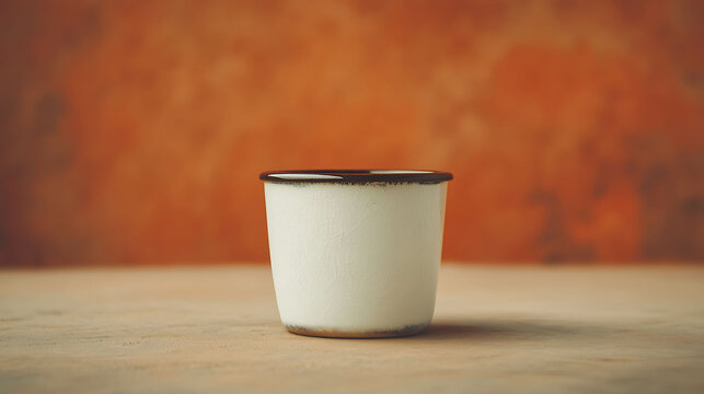 Vintage-style white enamel cup with a dark rim, centered on a warm clay-colored background, showing natural wear texture