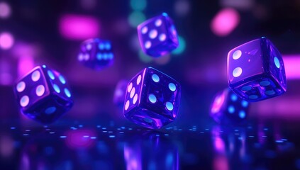 3D render of purple dice with blue neon light in a casino background. Close-up view of flying game dice on a dark purple and blue background.