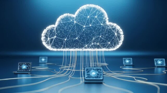 Cloud computing concept with a digital cloud connected to multiple laptops via glowing lines, against a blue background.