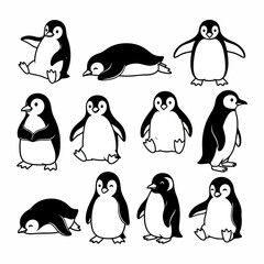 Obraz premium Penguin characters in various poses, black and white