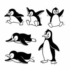 Obraz premium Penguin characters in various poses, black and white