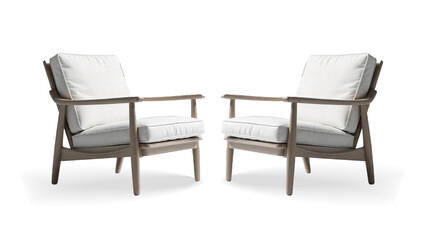 Fototapeta premium Modern minimalist wooden armchairs with white cushions facing each other on white background. Contemporary lounge chairs design for home or office interior decor. This Image Generate by AI