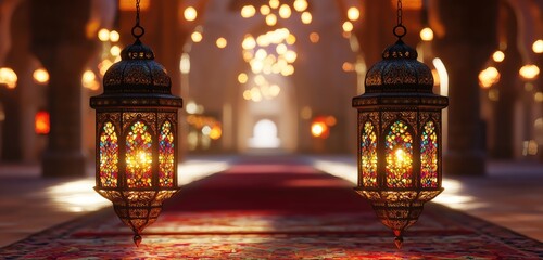 3D render of two ornate lanterns hanging from the walls of an Arabian mosque, with beautiful patterns and colorful lights inside.