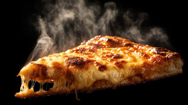 Close up of a steaming slice of cheese pizza against a black background. The cheese is melted and bubbly, with strings of cheese stretching from the slice. The pizza has a golden brown crust.