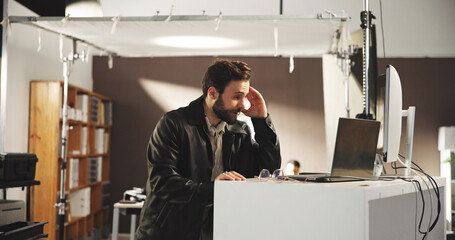 Laptop, stress and production with film maker man in studio for videography fail or mistake....