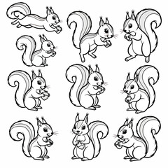 Squirrels eating nuts in various poses outline style
