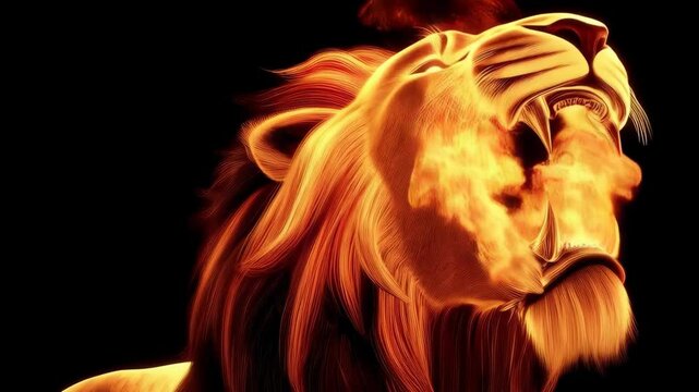 Fierce lion head emerging from flames showcases power and majesty in captivating display of raw energy and strength