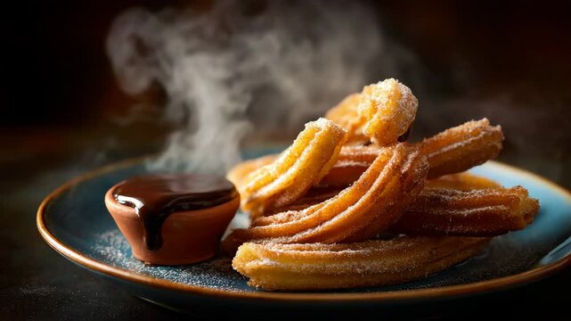 Golden churros dusted with powdered sugar, served with rich chocolate dipping sauce on a teal plate. Steam rises from the warm dessert, creating an appetizing image.