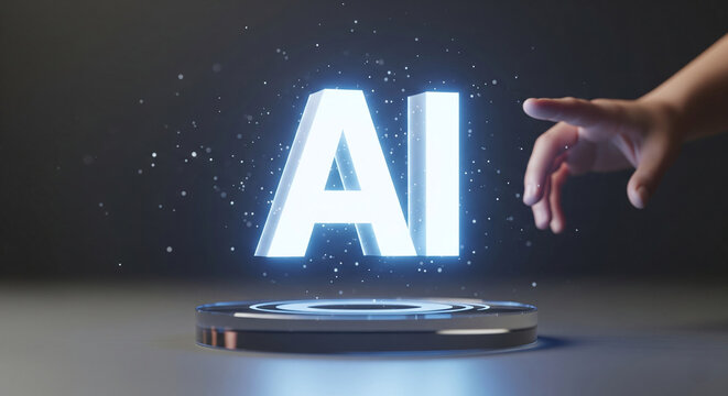 3D AI logo glowing white blue floating above glass platform with human hand reaching blurred background and tech particles