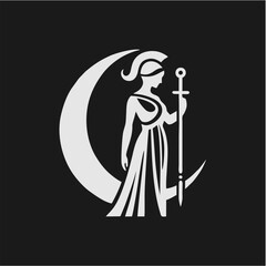 Minimalist Black and White Vector Logo of Greek Goddess Athena with Spear and Crescent Moon