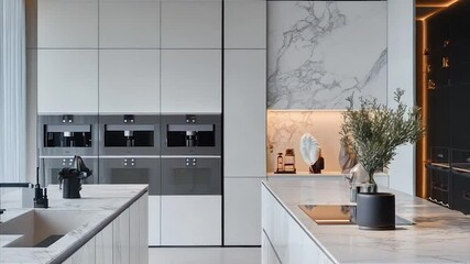 Modern kitchen with marble, sleek cabinetry, and built-in appliances