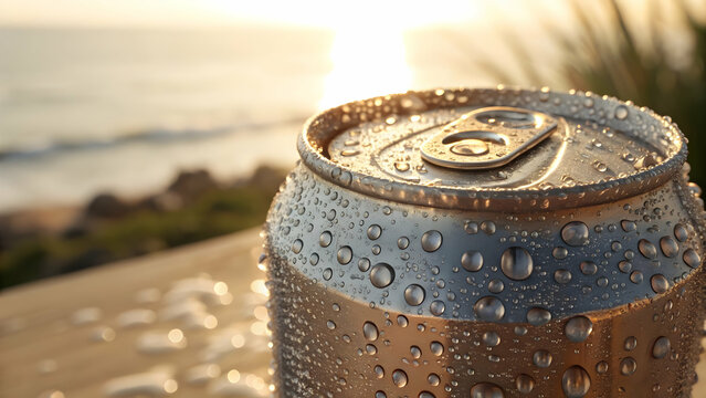 Aluminum drink can shimmering with refreshing water droplets against a beachside sunset in a summer setting