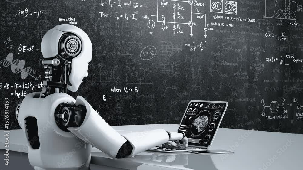 Poster robot hominoid use laptop and sit at table for engineering science studying using ai thinking brain 