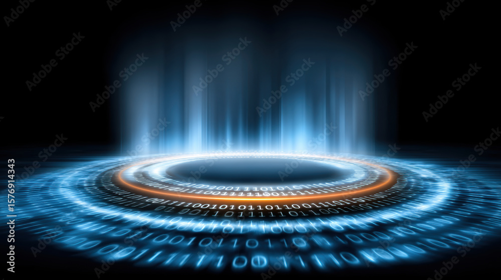 Poster glowing digital circle with binary code and blue light effects creates futuristic and technological 