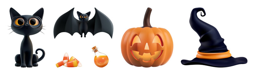 Halloween carved pumpkin characters 3d vector render. Cute cartoon black cat, happy flying bat, spooky scary witch hat, candy potion trick treat. Night friday 13 sale poster element, fun october magic