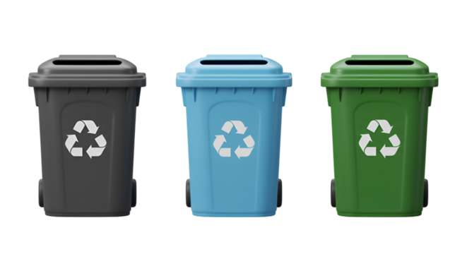 Isolated 3D Render Three Recycle Bins Green Blue Black Transparent Background