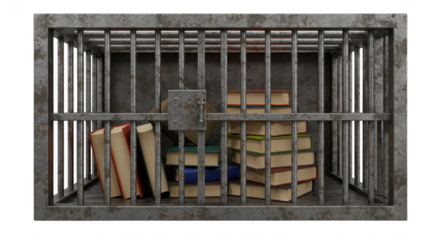 Isolated 3D Rendering of Books Inside Rusty Cage Symbolizing Captivity