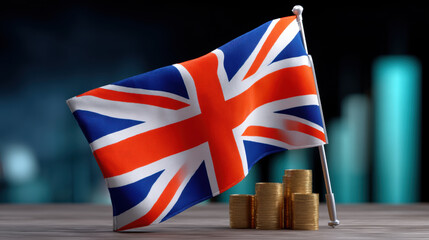Waving United Kingdom flag stands beside stacked gold coins, symbolizing economic growth