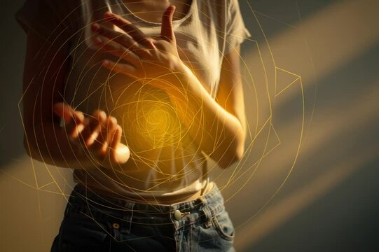 Hands over the solar plexus radiating golden energy, symbolizing personal power and confidence. Perfect for healing, empowerment, or self-worth themes.

