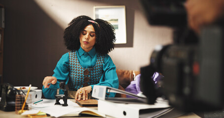 Creative, actor and woman on movie production, cinematography and shooting of scene with...
