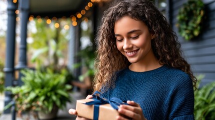 Young woman with curly hair and blue sweater holding a christmas gift with a blue ribbon on a porch with string lights and christmas decorations is smiling