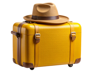 Vintage Yellow Suitcase with Fedora Hat on Top, isolated on transparent background PNG