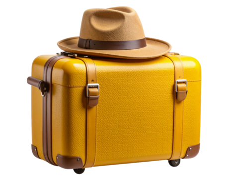 Vintage Yellow Suitcase with Fedora Hat on Top, isolated on transparent background PNG