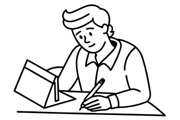 Cartoon Businessperson Writing at Desk - Black and White Line Art Vector Illustration