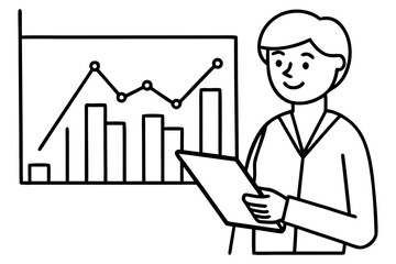 Cartoon Businessperson Presenting Chart - Black and White Line Art Vector Illustration