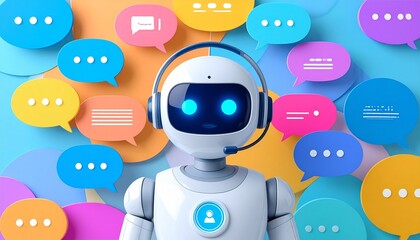 Flat design humanoid robot chat bot with the message box colorful surrounding