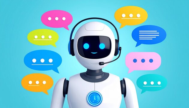 Flat design humanoid robot chat bot with the message box colorful surrounding - Powered by Adobe
