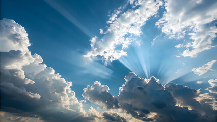 Blue sky with fluffy clouds and sun rays shining through the clouds nature background wallpaper...
