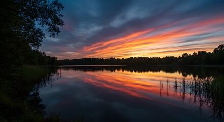 Obraz premium Beautiful Twilight at the Edge of a Calm Lake