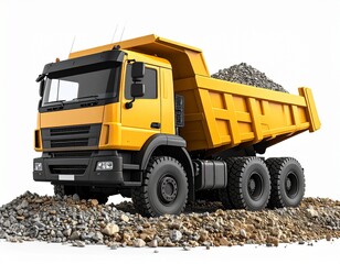 Obraz premium Yellow Dump Truck with Gravel Load on White Background - Construction & Aggregate Transport