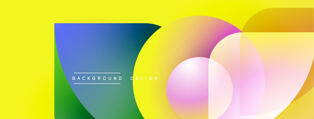 Abstract colorful shapes overlap yellow backdrop. Gradient hues blend, creating modern design element. Text reads background design.