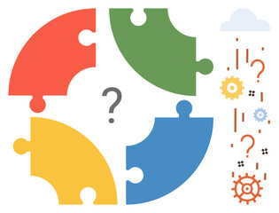 Four colorful puzzle pieces with a question mark in the center, gears, cloud, and abstract shapes cascading. Ideal for teamwork, innovation, creativity, problem solving, connectivity brainstorming