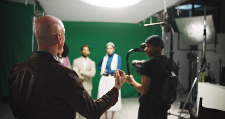 Director, backstage and instructions to crew on set for creative advice, casting support or help. Videography, filming team or people with cooperation for green screen production or behind the scenes