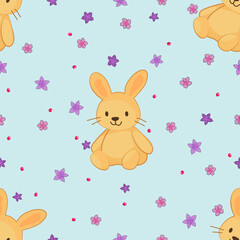 Seamless vector illustration of rabbit doll surrounded by bright purple and pink flowers, suitable for various print designs, fabric patterns, wallpapers, backgrounds.