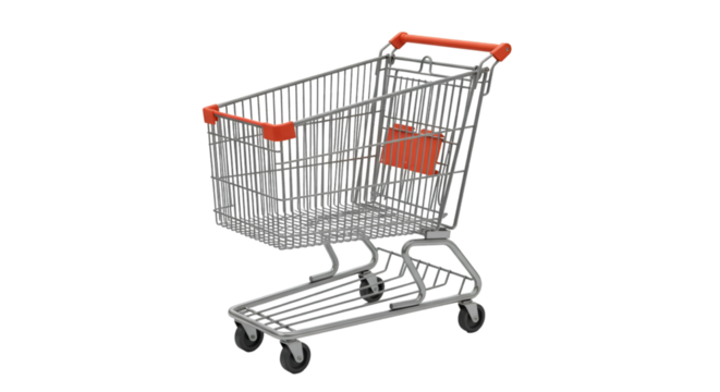 Isolated 3D Render of Silver Shopping Cart with Red Handle Transparent