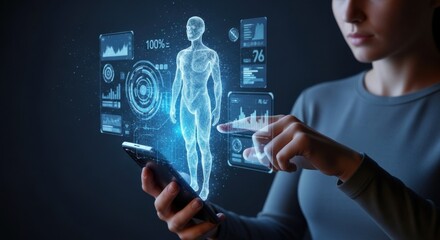 Futuristic healthcare interface displaying human body health metrics and data analysis