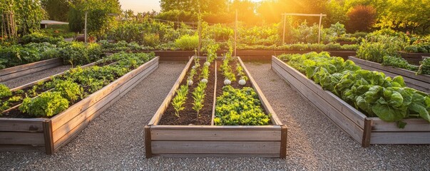 A beautiful vegetable garden with raised beds and rows of vegetables, the sun setting in the background casting long shadows over the green plants and wooden planter boxes